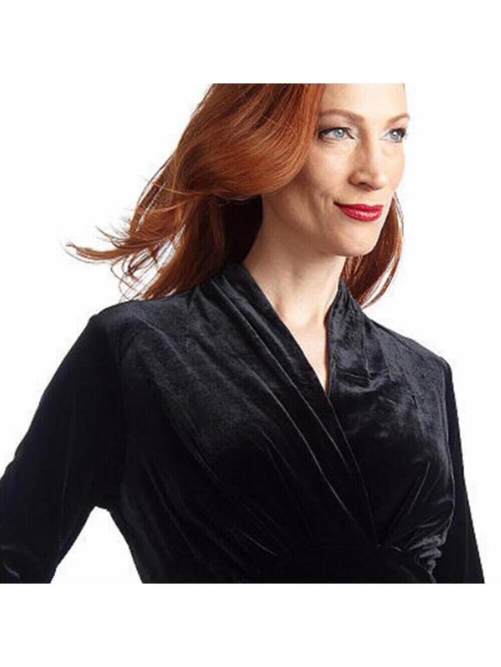 George Simonton Black Velvet Ruched Midi Dress Medium LBD V-neck 3/4 Sleeves - Picture 3 of 10